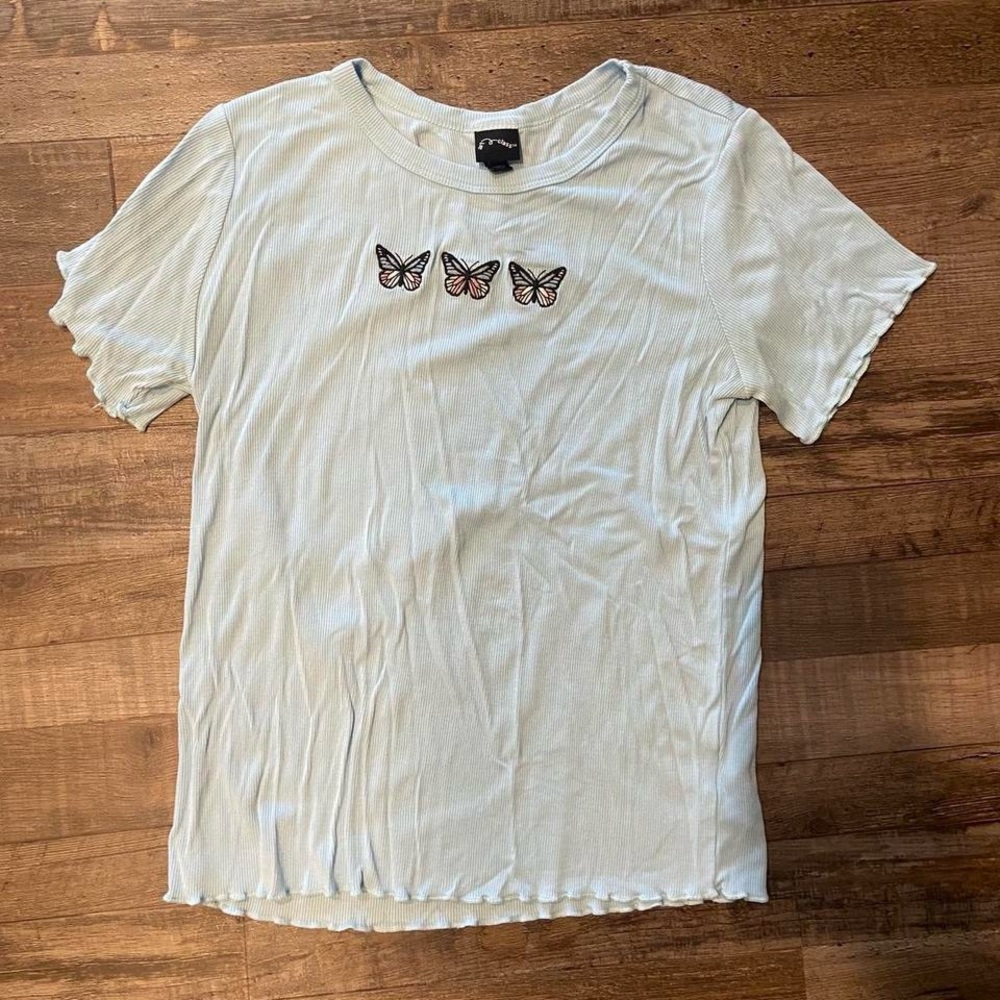 Women's Light Blue Butterfly Embroidered Top